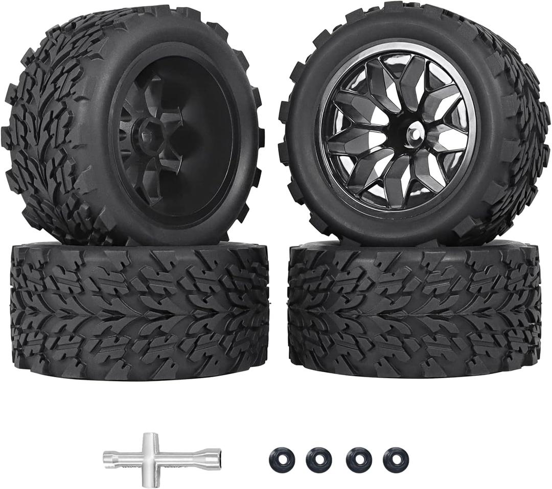 RC Station 12mm Hex RC Wheels and Tires 1/10 Scale RC Truck Tires and Wheels for Traxxas Rustler Stampede 2wd 4x4 vxl Hoss E-Revo Redcat Volcano EPX RIAARIO AMORIL Tires and Wheels Preglued 4PCS