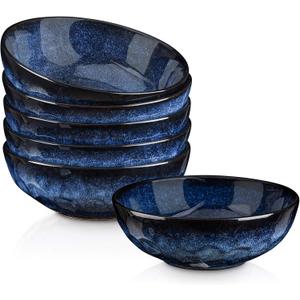 vicrays Ceramic Salad Bowls Set for Kitchen, Serving - 32 Ounce Soup Bowls, Pasta Bowls, Chip Resistant, Dishwasher Microwave Safe, Large, Fluted, stoneware, Set of 6 (Blue)