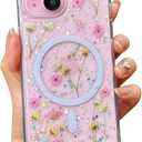 Cute Real Flowers Case for iPhone 15/14/13,Clear Glitter Magnetic Cover with Pressed Dry Floral Phone Case for Women Girls [Compatible with MagSafe]