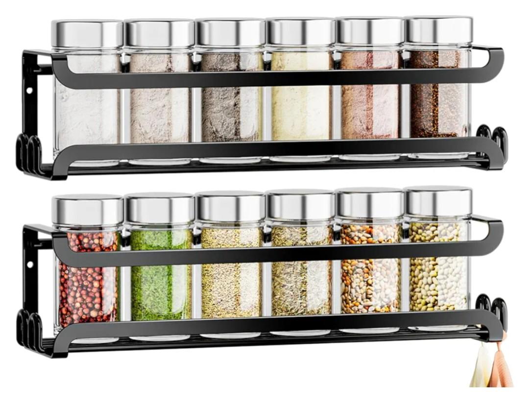 LUCYCAZ 2 Pack Wall Mounted Spice Rack with 8 Hooks, Spice Organizer Shelf for Stove Cabinet Pantry Door,Screw or Adhesive Spice Shelf Hanging Wall Spice Rack in Kitchen and RV (Black, 2 PACK)