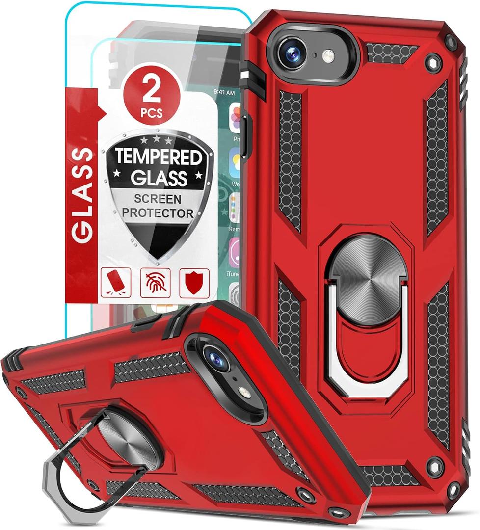 LeYi for iPhone SE 2022/2020 Case (3rd Gen), Military-Grade with Magnetic Kickstand, 2-Pack Tempered Glass Screen Protector, Cute Present for Mom, Red