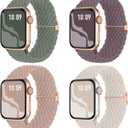 Braided Stretchy Solo Loop Compatible for Apple Watch Band 38mm 40mm 41mm 42mm 44mm 45mm 46mm 49mm for Women Men, Nylon Elastic Straps Wristbands for iWatch Series 10 9 8 7 6 SE 5 4 3 2 Ultra Ultra 2 (Starlight/Nude Pink/Smoke Violet/Cactus) 4 Pack