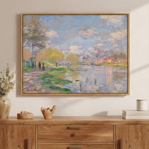 Framed Claude Monet Landscape Canvas Wall Art, Large Impressionist Artwork for Walls, Blue Scenery Classic Aesthetic Prints Paintings for Living Room Farmhouse Bedroom Wall Decor 32x24 Inch