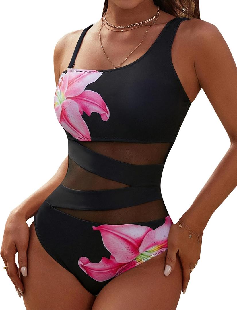 Blooming Jelly Women's Sexy One Piece Bathing Suits Slimming Mesh Swimwear One Shoulder Swimsuits for Women 2026 (Black, M)