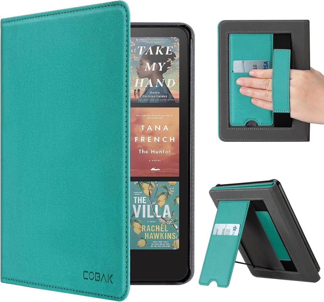 CoBak Case with Stand for Kindle Paperwhite 12th Gen 2024 Released (7") & Kindle Colorsoft Signature Edition - Durable PU Leather Cover with Auto Sleep Wake, Card Slot, Hand Strap Feature, Jade