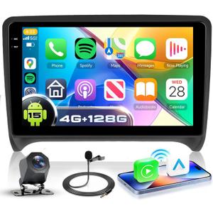 4G+128G Android 15 Car Stereo for Audi TT 2006-2014, Wireless CarPlay Android Auto, 9 Incell HD Touch Screen Car Stereo with GPS, WiFi, Bluetooth 5.0, FM, 32 EQ, SWC, Backup Camera