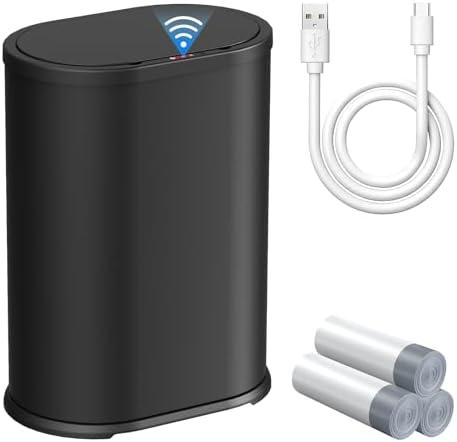 KUK Stainless Steel Bathroom Trash Can Automatic Touchless with Removable Inner Bucket, Waterproof, 1.6 Gallon Smart Trash Can with Lid for Bathroom Bedroom, Office - Black