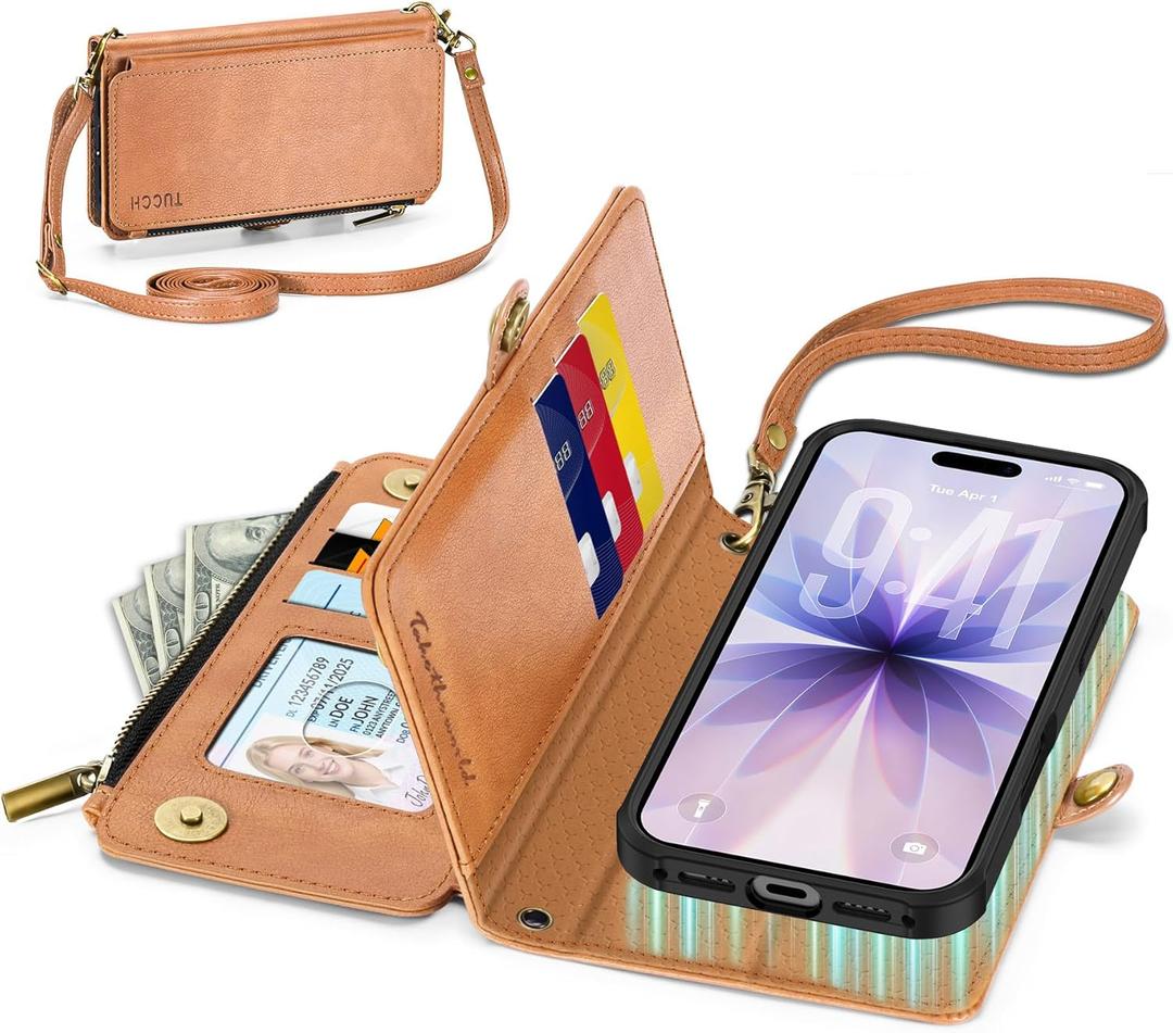 TUCCH Removable Crossbody Case Wallet for iPhone 17 (6.3-inch) 2025, Wireless Charging, RFID Blocking 9 Card Slots, Lanyard, Wrist Strap, Zipper Pocket, PU Leather, Stand Magnetic Cover, Light Brown
