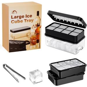 PHINOX Large Ice Cube Tray with Lid and Bin, Ice Trays for Freezer, 2 INCH Whiskey Ice Cubes Mold, 2*8 pcs Square Ice Cube Mold with Tong, Easy to Release, Large Ice Tray for Whiskey Cocktail Bourbon (Black)