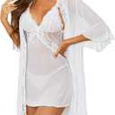 Women Sexy Lingerie Set - 3 Piece Babydoll & Lace Kimono Robe Strap Chemise Nightgown Mesh Sleepwear, Size: M