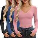 Huukeay 3 Pack Women's V Neck Long Sleeve Shirts Layering Undershirts Slim Fit Ladies Tops Underscrub Basic Tees (L)