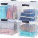 IRIS USA 40 Qt Stackable Plastic Storage Bins with Lids, 4 Pack - BPA-Free, Made in USA - See-Through Organizing Solution, Latches, Durable Nestable Containers, Secure Pull Handle - Clear