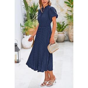 PRETTYGARDEN Womens Summer Midi Dresses Puff Short Sleeve V Neck Swiss Dot Pleated A Line Flowy Long Wedding Guest Dress, Size M