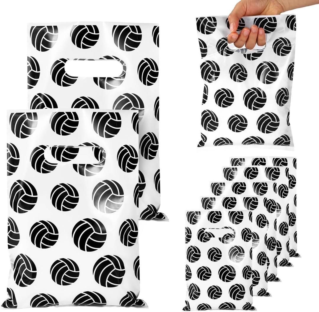 BOXOB 50pcs Volleyball Gift Bags, 10x6.7 Inch Plastic Snacks Candies Bags with Handles Volleyball Themed Party Sports Party Supplies (White)