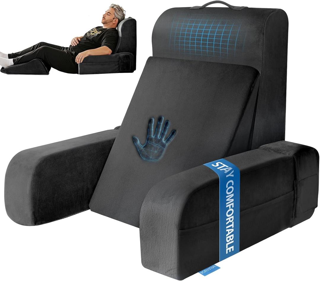 Kayfia Reading Pillow, Gel Memory Foam Back Rest Pillow, 21'', Black | 3 Storage Pockets, Dual-Use Back Leg Support Pillow, Detachable Armrests, Ideal for Reading, Gaming, Working on Bed & Couch