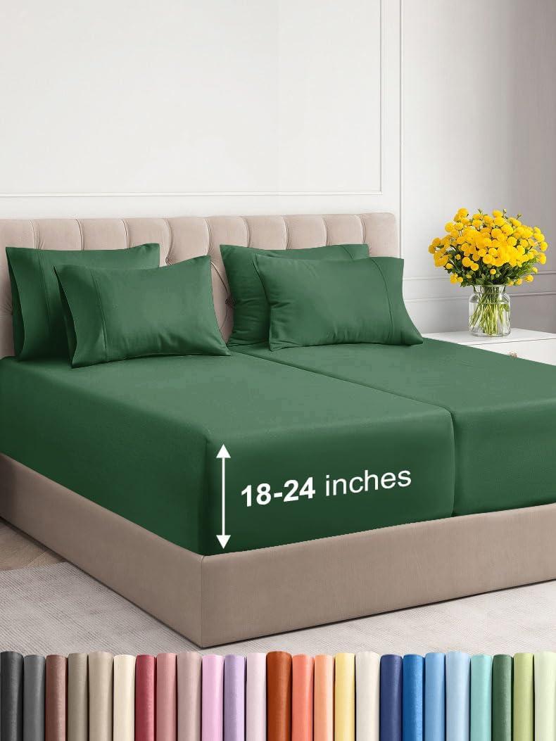 Extra Deep Split King Sheet Set - 7 Piece Breathable & Cooling Sheets - Hotel Luxury Bed Sheets Set - Easy Fit - Soft, Wrinkle Free & Comfy Sheets Set - Emerald Green Sheet Set w/Extra Deep Pockets