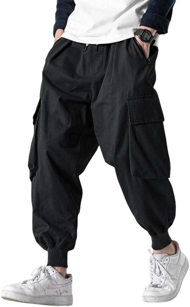Men's Joggers Pants Casual Baggy Cotton Drawstring Tapered Sweatpants Cargo Hippie Loose Fit Trousers with Multi-Pocket (X-Large, Black)