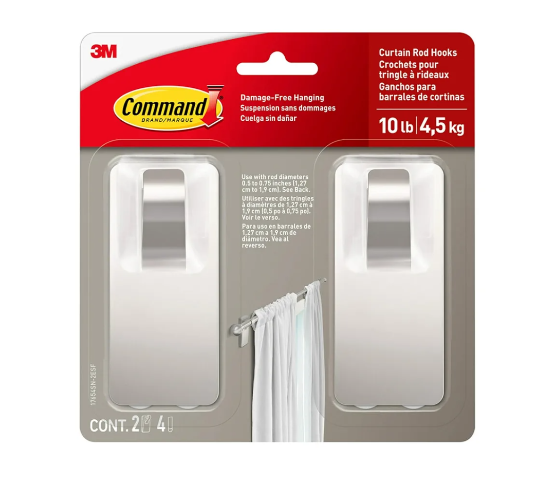 Command 10 lb Satin Nickel Curtain Rod Hooks, 2 Hooks and 4 Command Strips, Damage Free Curtain Rods Hangers with Adhesive, No Drilling Home and Room Decor