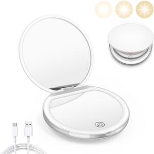 Kakuje Compact Mirror with Light, 1X/3X Magnification LED Pocket Mirror with USB Data Cable,Mini Mirror for Purse, Pocket,Travel and Present (White)