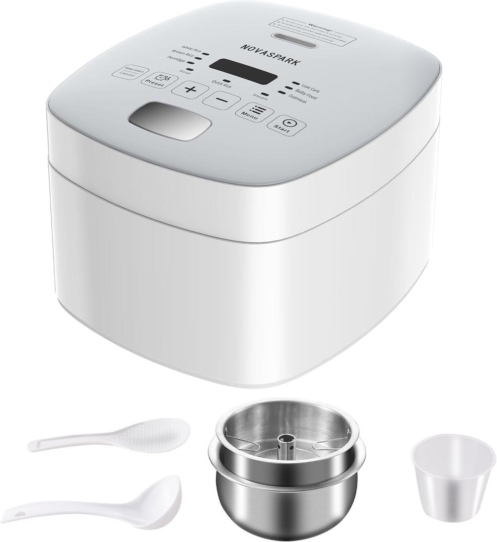 Novaspark Low Carb Rice Cooker Stainless Steel Inner Pot, Mini Stainless Steel Rice Cooker Small 5 Cup, LED Display Low Sugar Rice Maker, 24H Timer and Auto Keep Warm, White Rice/Porridge/Oatmeal, White