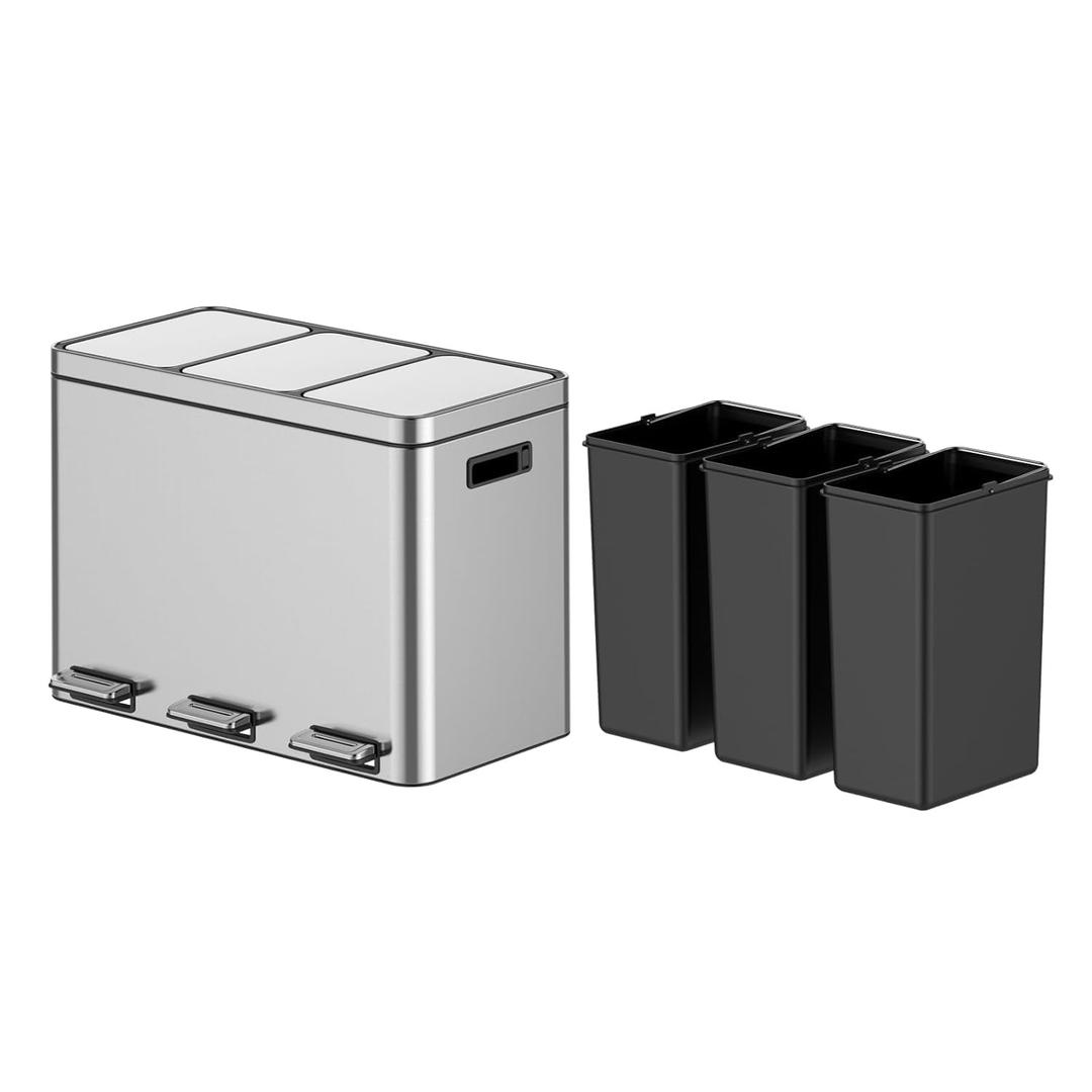12 Gallon Stainless Steel Trash Can - 3 Separate Bins with Removable Liners, Soft-Close Lid & Foot Pedal - Kitchen Recycling/Waste System (Medium, Sliver)