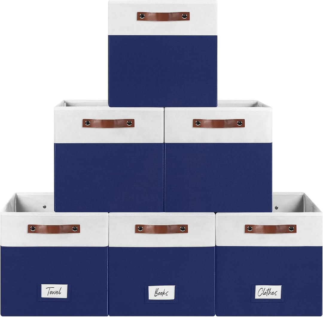 FinishingBo 6-Pack Storage Cubes with Handles & Label Holders Basket, Closet Cube Home Organizer Bins(White/Blue, 13 x 13 x 13 inch)