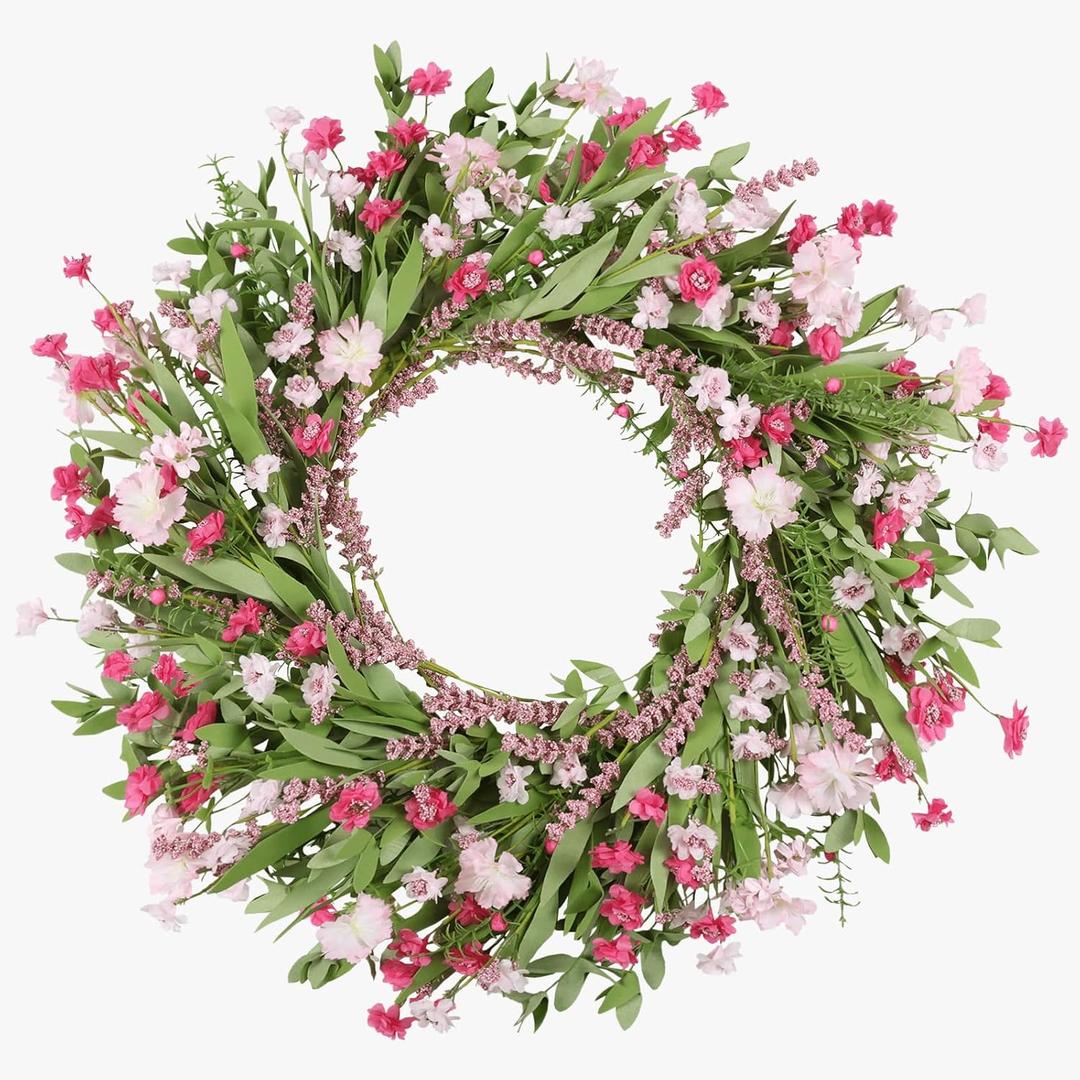 26" Spring Wreaths for Front Door Artificial Floral Wreath with Wildflowers Portulaca CHEAWRTZ Summer Easter Decorations for Indoor Outdoor Window Wall Farmhouse Porch Home Decor Cherry Blossom Pink