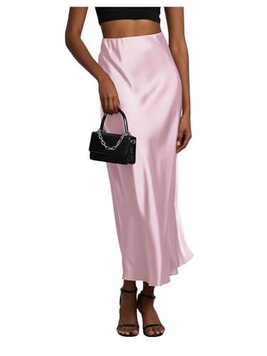 SHENHE Women's Satin Maxi Skirts High Waisted A Line Long Skirts Elegant Office Skirts Pale Pink Medium