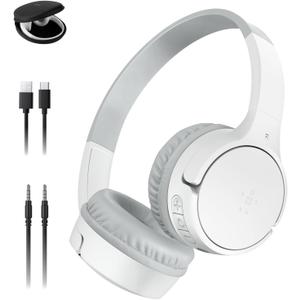 Belkin SoundForm Mini Kids Wireless Headphones w/Built-in Microphone, 30H of Playback Time, Fun Stickers, & Case - Over-Ear Headsets for Online Learning, School, iPhone, iPad, Galaxy, & More - White