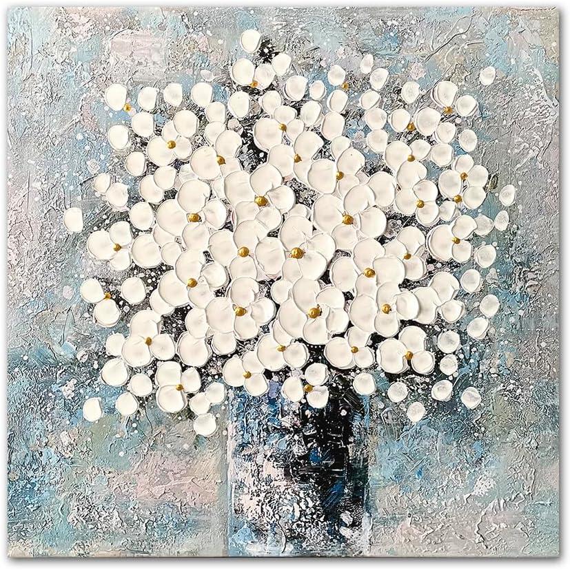 Waowumar Flowers Canvas Wall Art Blue and White Blossom Pictures Contemporary Palette Knife Floral Textured Painting for Bedroom Living Room Decor