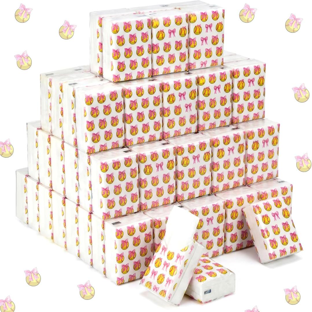 Marspark 60 Pack Softball Pocket Tissues, 3 Ply, Pink Bows Softball