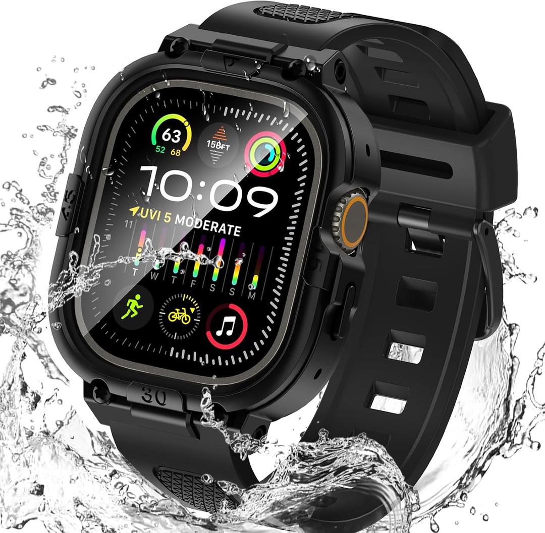 Goton 3 in 1 Waterproof Case with Band for Apple Watch with Built-in Tempered Glass Screen Protector 49mm, 360 Shockproof Bumper Face Cover with Band for Apple Watch Ultra 3/Ultra 2/Ultra, 49mm (Black)