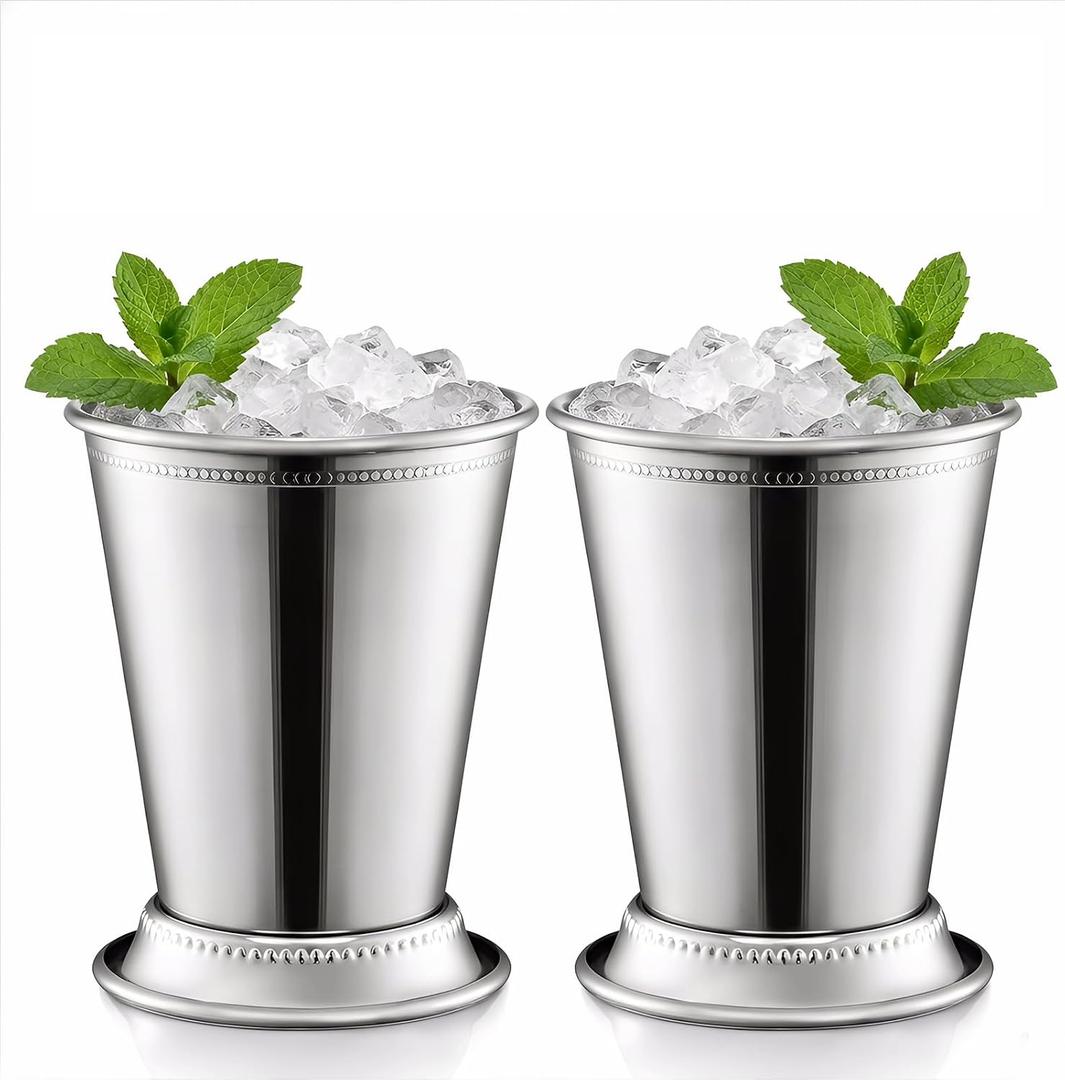 2 Pcs Mint Julep Cups, 12oz Stainless Steel Julep Cup, Classic Vintage Metal Cup for Cocktails, Iced Coffee, Whiskey, BPA-Free & Dishwasher Safe (Silver)
