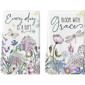 Artoid Mode Hydrangea Lavender Daisy Spring Kitchen Towels Dish Towels, 18x26 Inch Farmhouse Butterfly Floral Decoration Hand Towels Set of 2