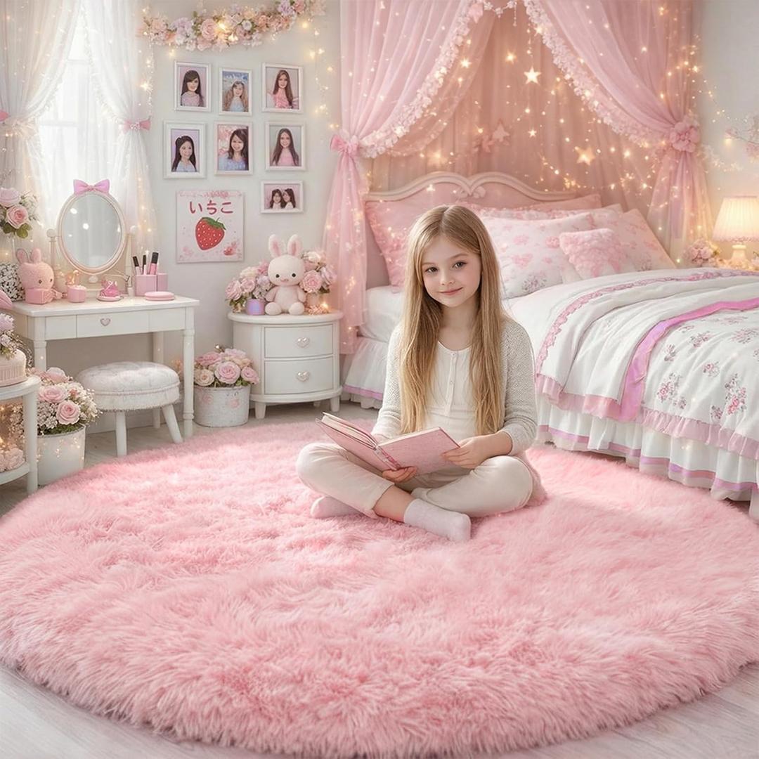 Pink Round Area Rugs 6Ft for Bedroom Living Room, Big Fluffy Shag Circle Rug for Kids Playroom, Cute Preppy Room Decor for Teen Girls, Cozy Fuzzy Furry Plush Carpets for Baby Nursery, Dorm, Classroom