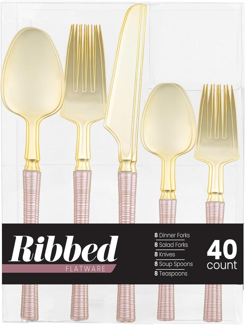 PLASTICPRO 40 Pieces Plastic Silverware Ribbed Elegant Premium Heavy Duty Pearl Pink & Gold Plastic Cutlery Set, Fancy Disposable Flatware