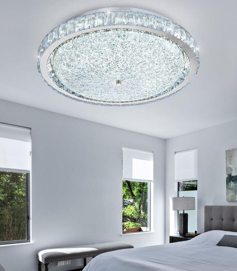 19.6" Modern Crystal Chandelier Dimmable LED Flush Mount Ceiling Light with Remote Control for Living Room Dining Room Bedroom Hallway Foyer Silver
