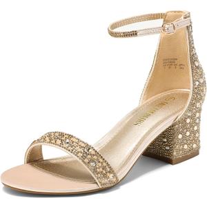 DREAM PAIRS Women's Low-Chunk Low Heel Pump Sandal (7, Gold/Rhinestone)