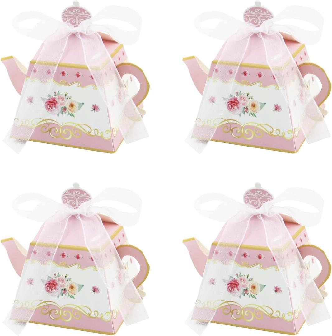 20 Pieces Tea Party Favor Boxes, Vintage Floral Teapot Parties Box Treat Gift Goodie Candy Flower Pacakge Boxes with Ribbon for Wedding Bridal Showers Garden Party Centerpiece Table Decorations (Pink)