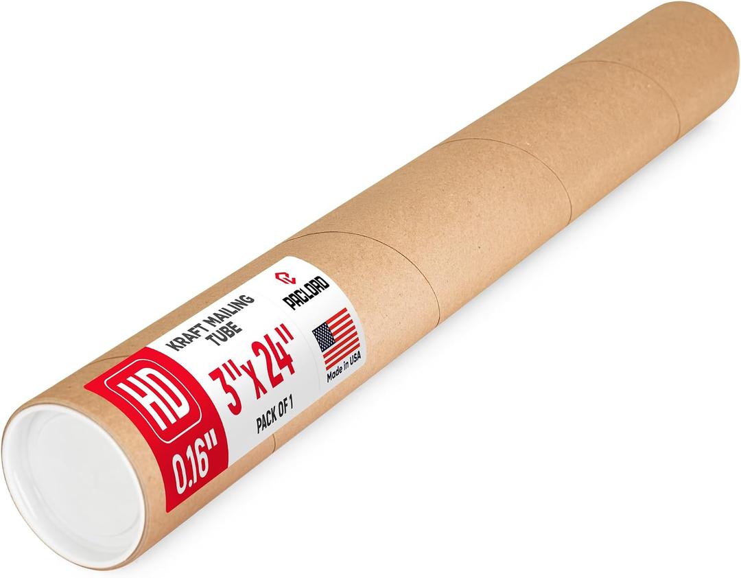 3" x 24" Heavy-Duty Reinforced Cardboard Mailing Tube, Pack of 1 Tube with 2 Caps Secure USPS Approved Great for Shipping and Storing of Prints, Artwork, Posters or Documents