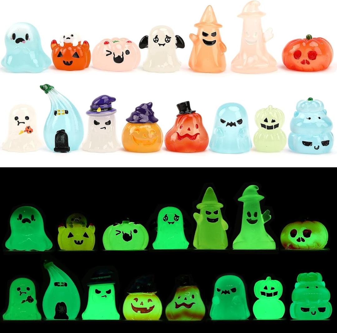 Jansun 45pcs Halloween Luminous Mini Resin Figurines, Glow in The Dark Pumpkin Ghosts Decorations for DIY Crafts Halloween Party Gifts Garden Dollhouse Decor Table Decoration(15 Style) (Colorful)