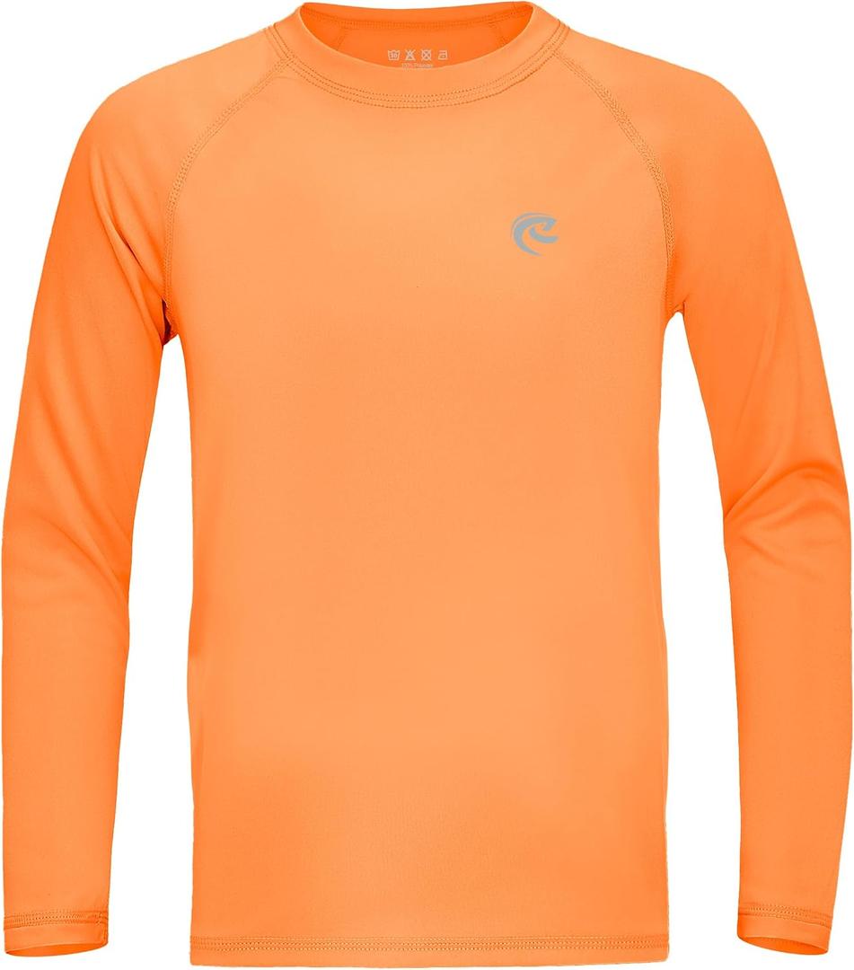 Boys UPF 50+ Swim Shirt Long Sleeve, 1 or 2 Pack UV Sun Protection Rash Guard, Youth Kids SPF Water Shirts for Beach Surf (Orange, XS)