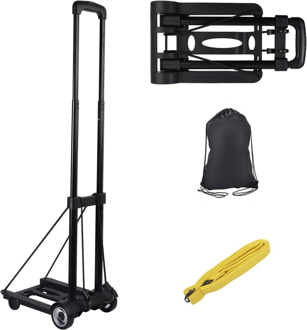 KINJOEK 25kg 55lbs Folding Hand Truck, Solid Construction Utility Cart for Luggage with 2 Oversized Wheels Bonus Bungee Cord, Collapsible, Lightweight and Compact Luggage Dolly Cart for Travel, Black (2 Wheels)