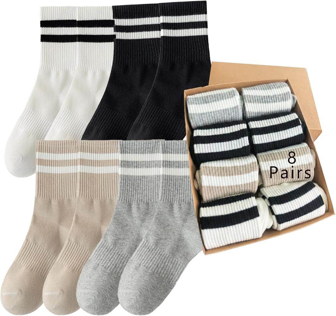 Womens Vintage Cotton Cozy Crew Socks,Striped Athletic Casual Socks for Women 8 Pairs,Gifts Box