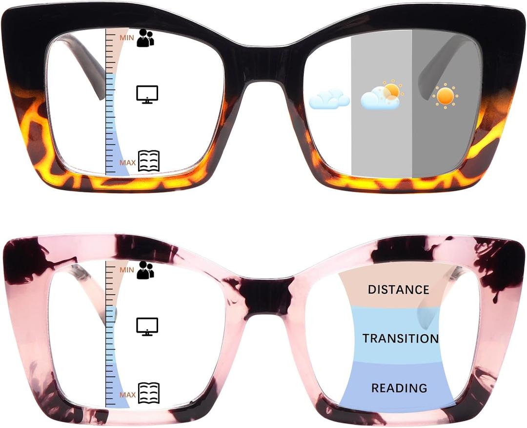 Progressive Multifocus Reading Glasses for Women Blue Light Blocking, Outdoor Photochromic Multifocal Sunglasses (2 Mix C2, 2.0)