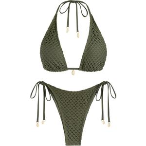 ZAFUL Women's Triangle Bikini Multiway Fishnet Tie Side Bandeau Halter String Bikini Set Two Piece Swimsuit Bathing Suits (Green, L)