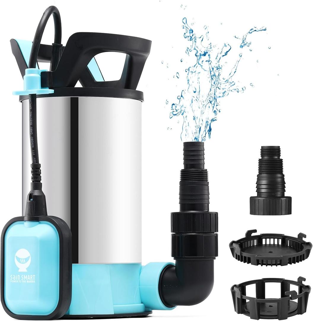 SainSmart Sump Pump with Float Switch, 1.15HP Submersible Water Pump, Stainless Steel Portable Utility Pump 3960 GPH High Flow Water Removal, with 33ft Cord for Pool Tub Garden Pond Draining