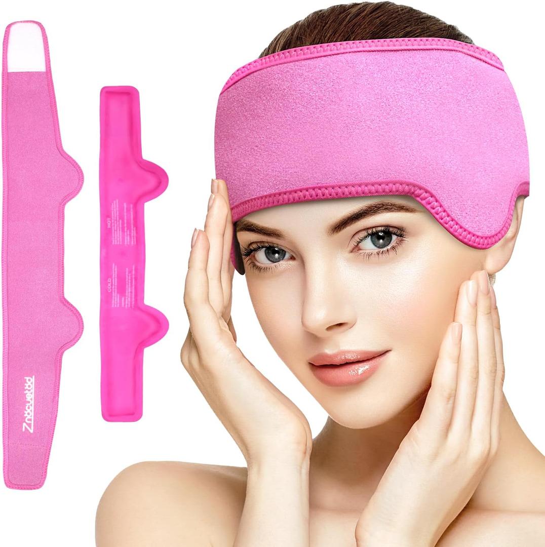 Headache Ice Pack Head Wrap for Migraines Reusable Gel Forehead Ice Pack for Injuries Cold Pack Head Ice Therapy Wrap for Headache Relief Fever Tension Sinus Pain Chemo Head Injuries Stress(Hot Pink)