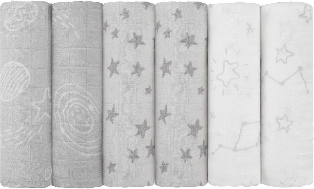Maliton Muslin Swaddle Blankets for Newborn, 6-Pack Breathable Receiving Blanket (27" x 27") Soft Baby Blankets for Girls and Boys, Baby Burp Cloth with 3-Layer Cotton Design for Infant Wrap(Universe) (Grey Universe Stars)