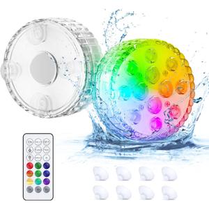 Submersible LED Lights, Underwater Pool Light 16 RGB Color Changing, IP68 Waterproof with RF Remote, Magnetic/Suction Cups/Battery Operated Shower Light for Spa/Hot Tub/Bathtub/Pond (4 Pack)